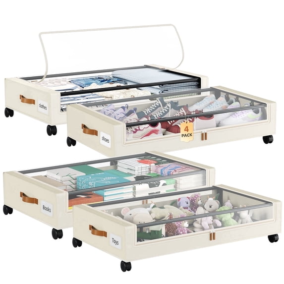 Eunos Under Bed Storage with Wheels, 4 Pack Underbed Storage Containers with Clear Lid and Handles, Storage Organizer Bins, Beige