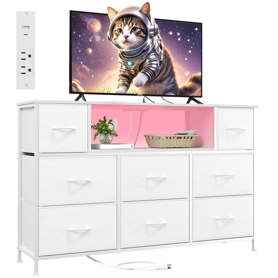 Eunos White Tv Stands for 65" Tv with 8 Drawers, LED & Power Outlets for Bedroom, Living Room