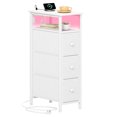 thumbnail image 1 of Eunos White End Table with Charging Station, Narrow Long Nightstand with Open Shelf and 3 Fabric Drawer, 1 of 8