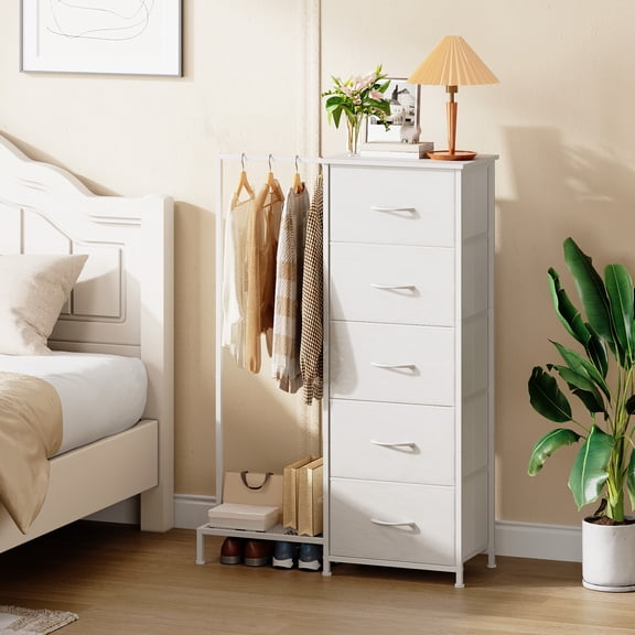 Eunos White Nightstand with 5 Fabric Drawers and Hanging Rack for Bedroom Living Room