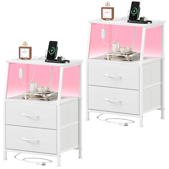 Eunos White Small Nightstand with Charging Station, 2 Drawer Bedside Table Set of 2 for Bedroom, Living Room