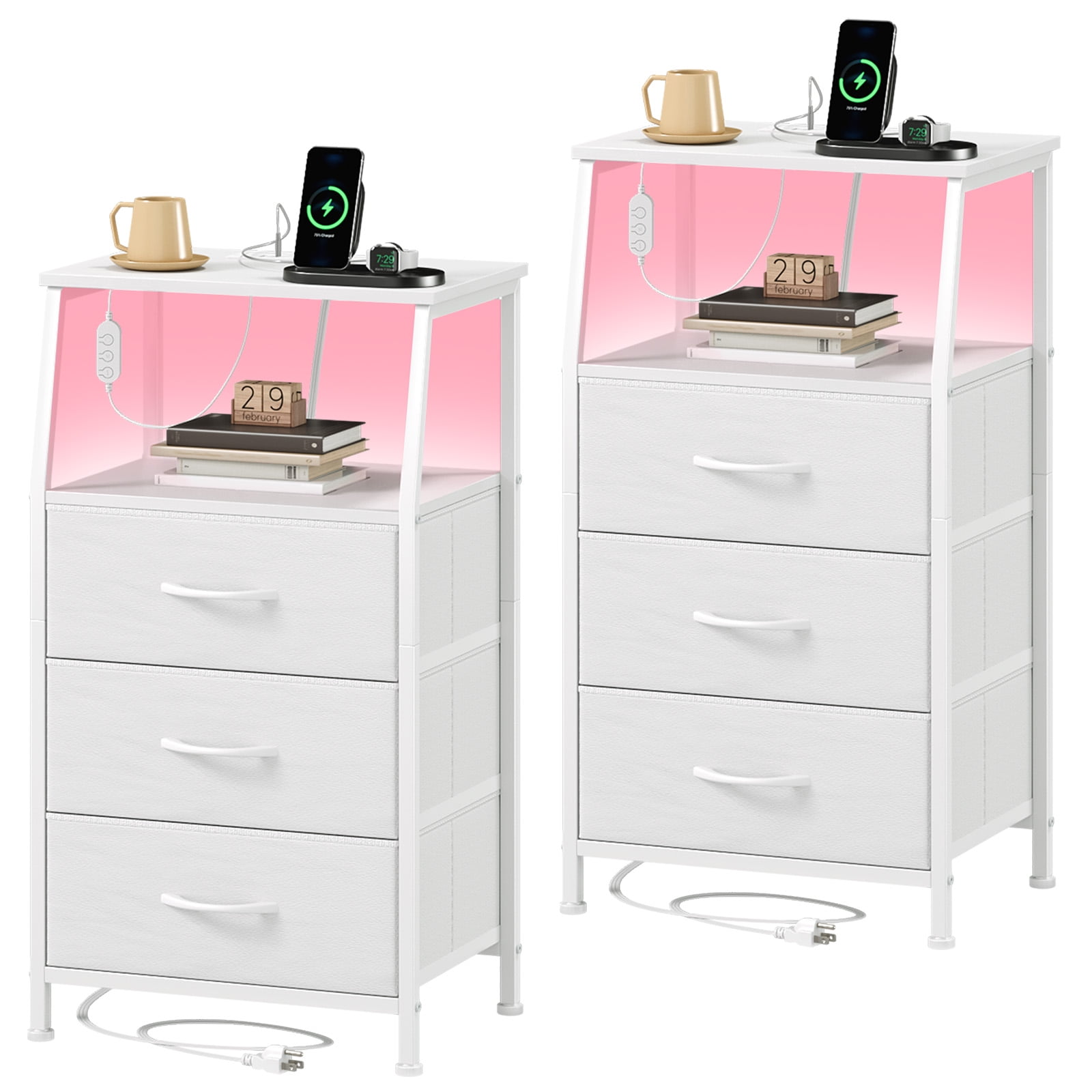 Eunos White Small Nightstand with Charging Station, 3 Drawer Bedside Table Set of 2 for Bedroom, Living Room