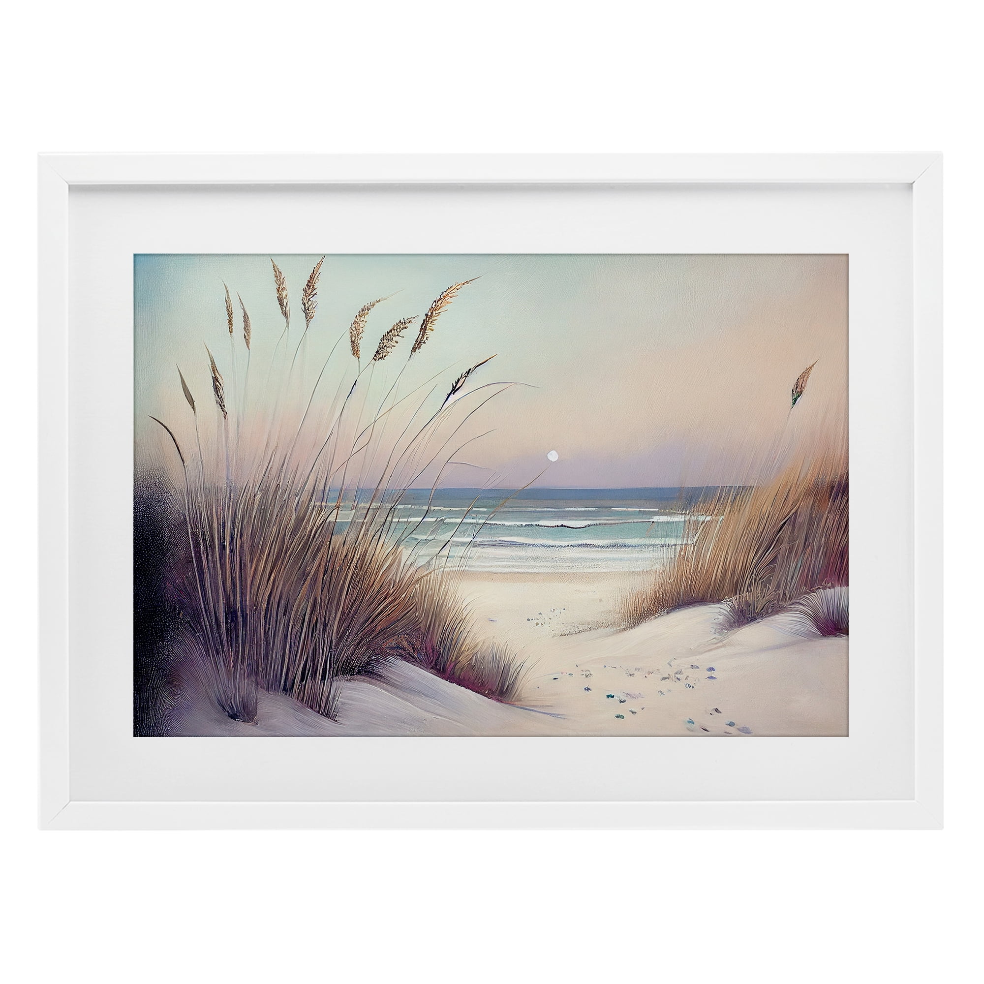 Euphoria Beach Dunes View White Framed Print Under Glass, design by Sasha