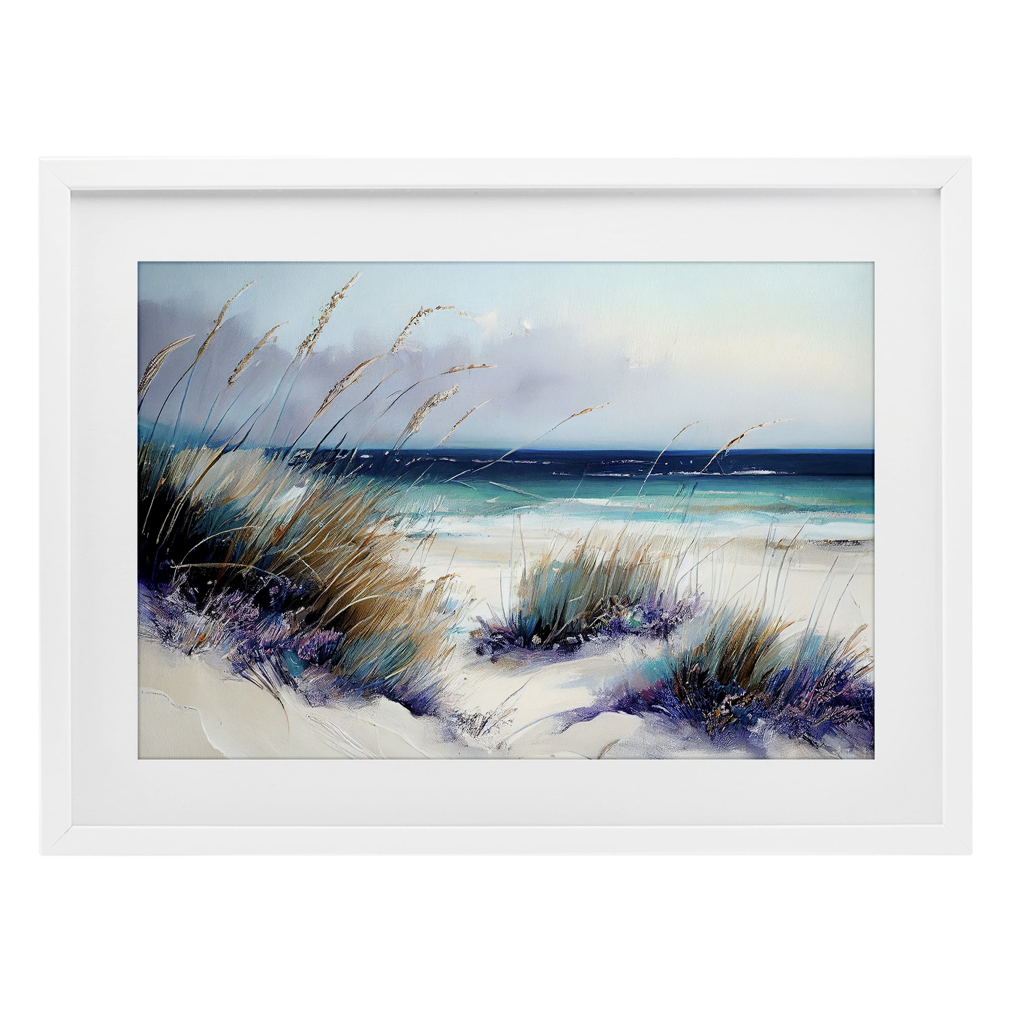 Euphoria Beach Dunes White Framed Print Under Glass, design by Sasha