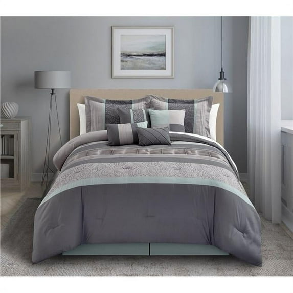 Euphoria Embroidered Comforter Set - Aqua - King - 8 Piece