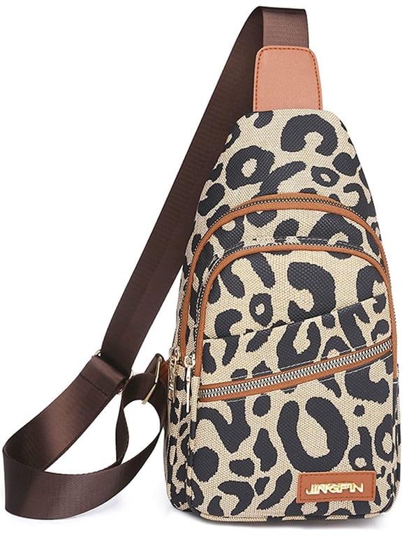 Women's Leopard Print Leather Sling Crossbody Bag, Black