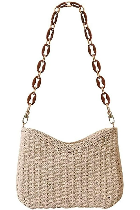 Women's Straw Woven Summer Beach Travel Crossbody Shoulder Bag, Off- White