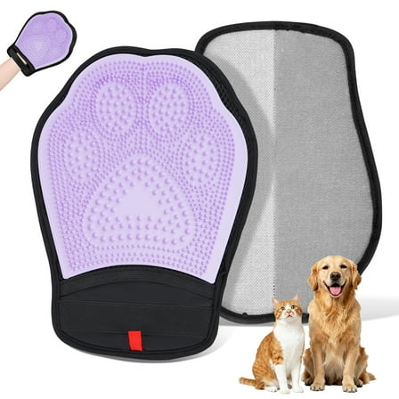 Euqvunn 2 Pack Pet Hair Remover Glove, 2-in-1 Double Sided Grooming Glove for Dogs & Cats, Washable Reusable Pet Grooming Glove for Clothes,Couch, Furniture, Carpet, Car Seat, Curtain(Black-Purple)