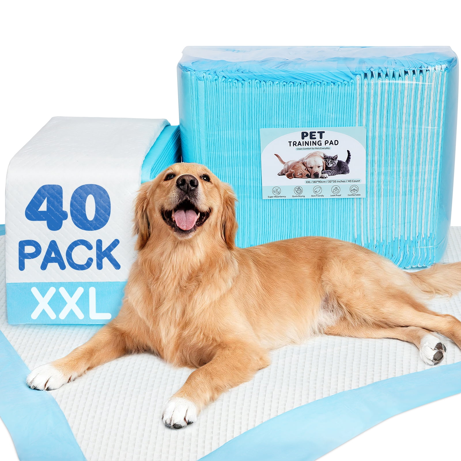 Euqvunn Puppy Pads 40-Pack, 31.5 x 36 Inch X-Large 6-Layer Disposable Pet Training Pads, Super Absorbent Leak Resistant Pee Pads for Dogs, Cats & Rabbits