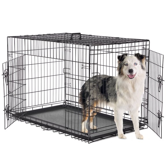 Euqvunn 42IN Dog Crate, Foldable Metal Wire Kennel with Secure Lock& Collapsible Design, Doulble-Door Pet Cage for Large Dogs, Black