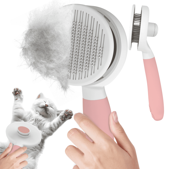 Euqvunn Cat & Dog Grooming Brush – Self-Cleaning Slicker Brush for Shedding, Removes Loose Fur & Tangles, Gentle & Skin-Friendly, Perfect for All Coat Types – Pink