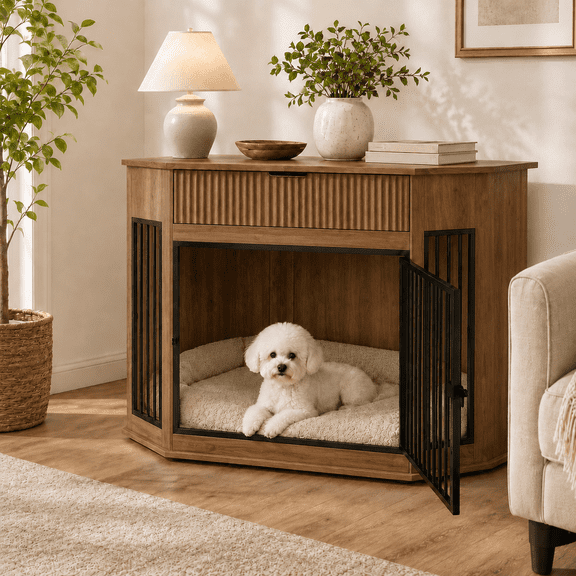 Euqvunn Corner Dog Crate Furniture with Drawer Storage, 44.6 Inch Mid Century End Table Kennel for Small Dogs, Space Saving Indoor Cage Cabinet, Fluted Door, Natural Walnut