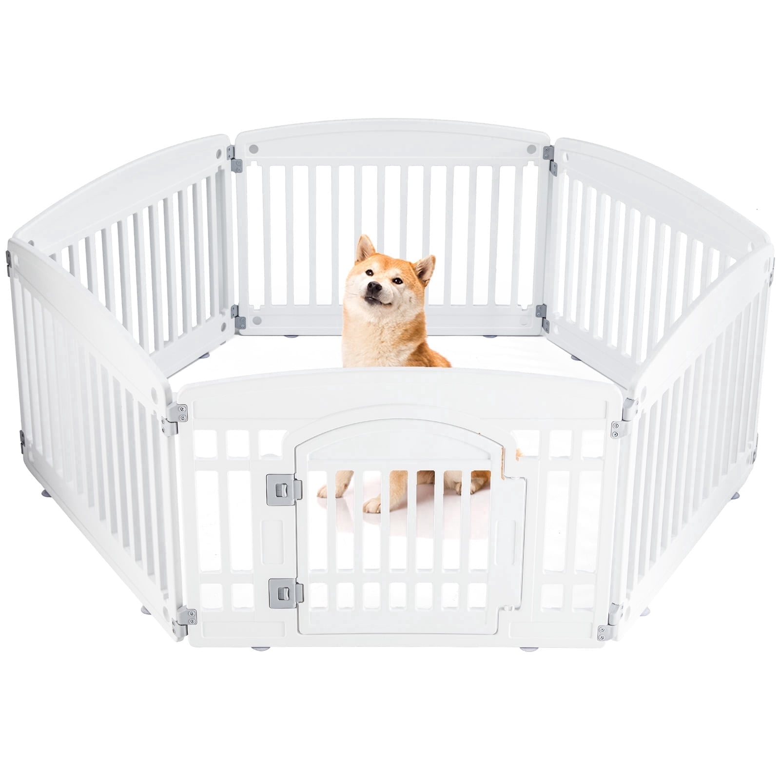 Euqvunn Plastic Dog Playpen, 24" 6-Panel Pet Pen with Door, Folding & Portable, Easy to Clean, for Small to Medium Dogs, for Indoor & Outdoor, White