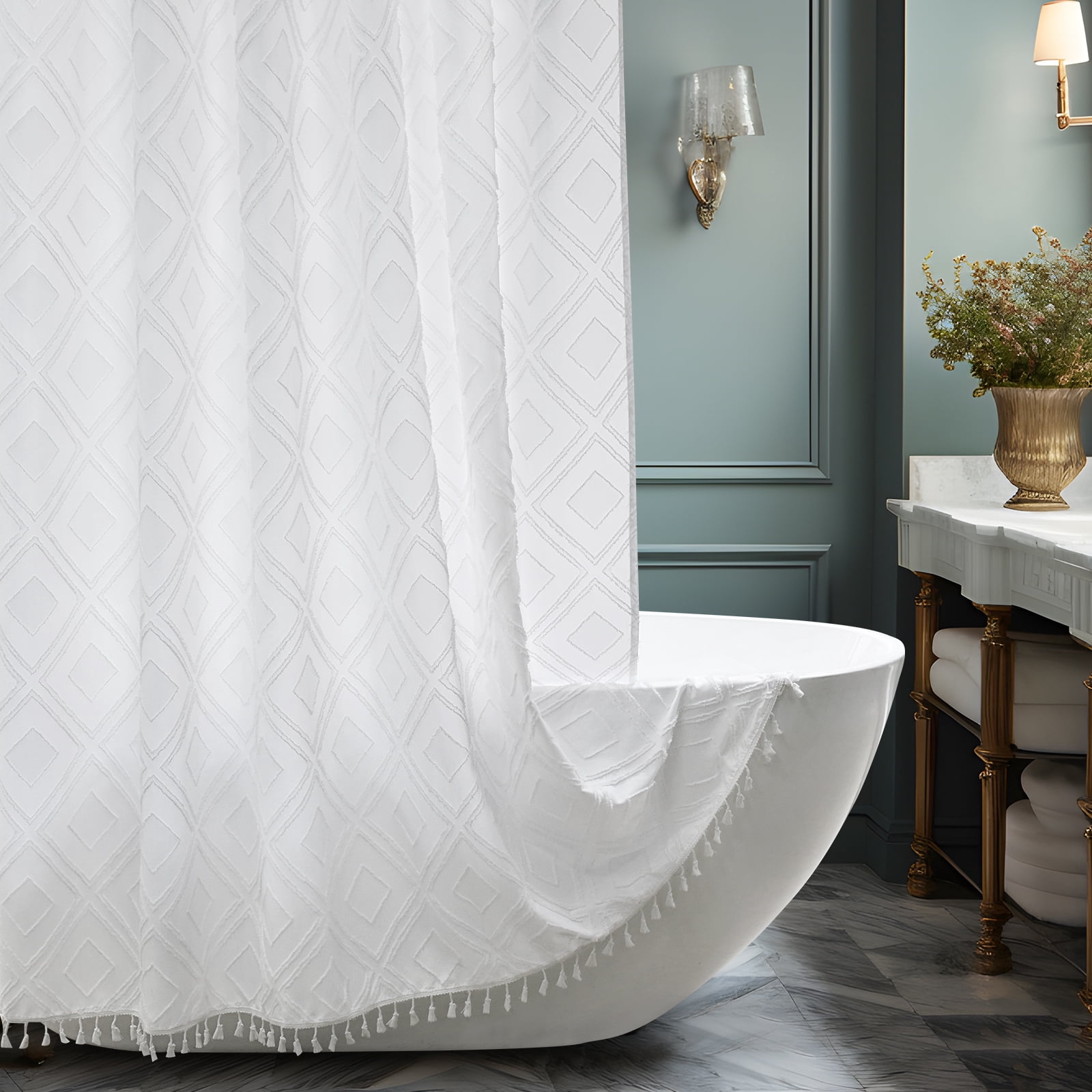 EurCross White Boho Fabric Shower Curtain, 72"Wx84"L Extra Long Luxury ...