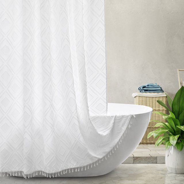 EurCross White Fabric Shower Curtain, Boho Shower Curtain with Tassels