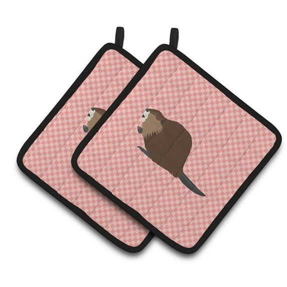 Eurasian Beaver Pink Check Pair of Pot Holders - Pink