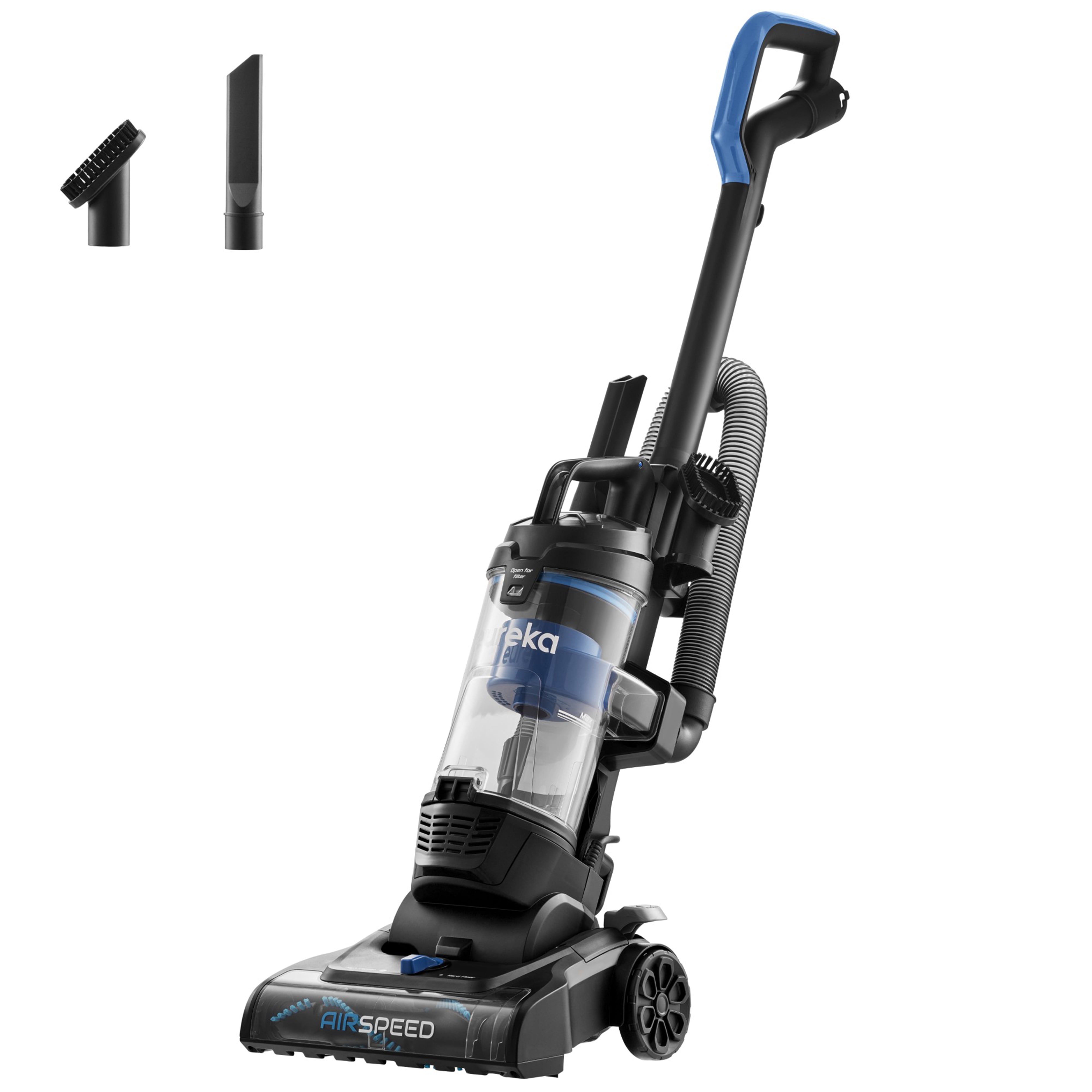 Eureka Airspeed Plus Upright Vacuum, Compact, Extended Reach, Quick Release Handle, Black and Blue