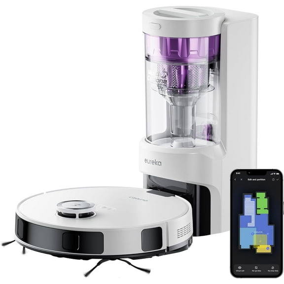 Eureka E10s Robot Vacuum with Bagless Self Emptying Station, Robotic Vacuum and Mop Combo, 45-Day Capacity, 4000Pa Suction for Pet Hair, Carpet&Floor, Auto Lifting Mop, App Control, White