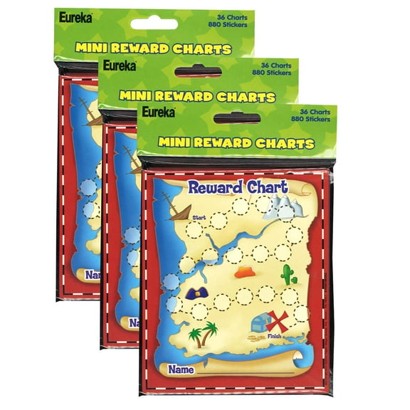 Eureka Treasure Hunt Mini Reward Charts with Stickers, 36 Charts Per Pack, 3 Packs