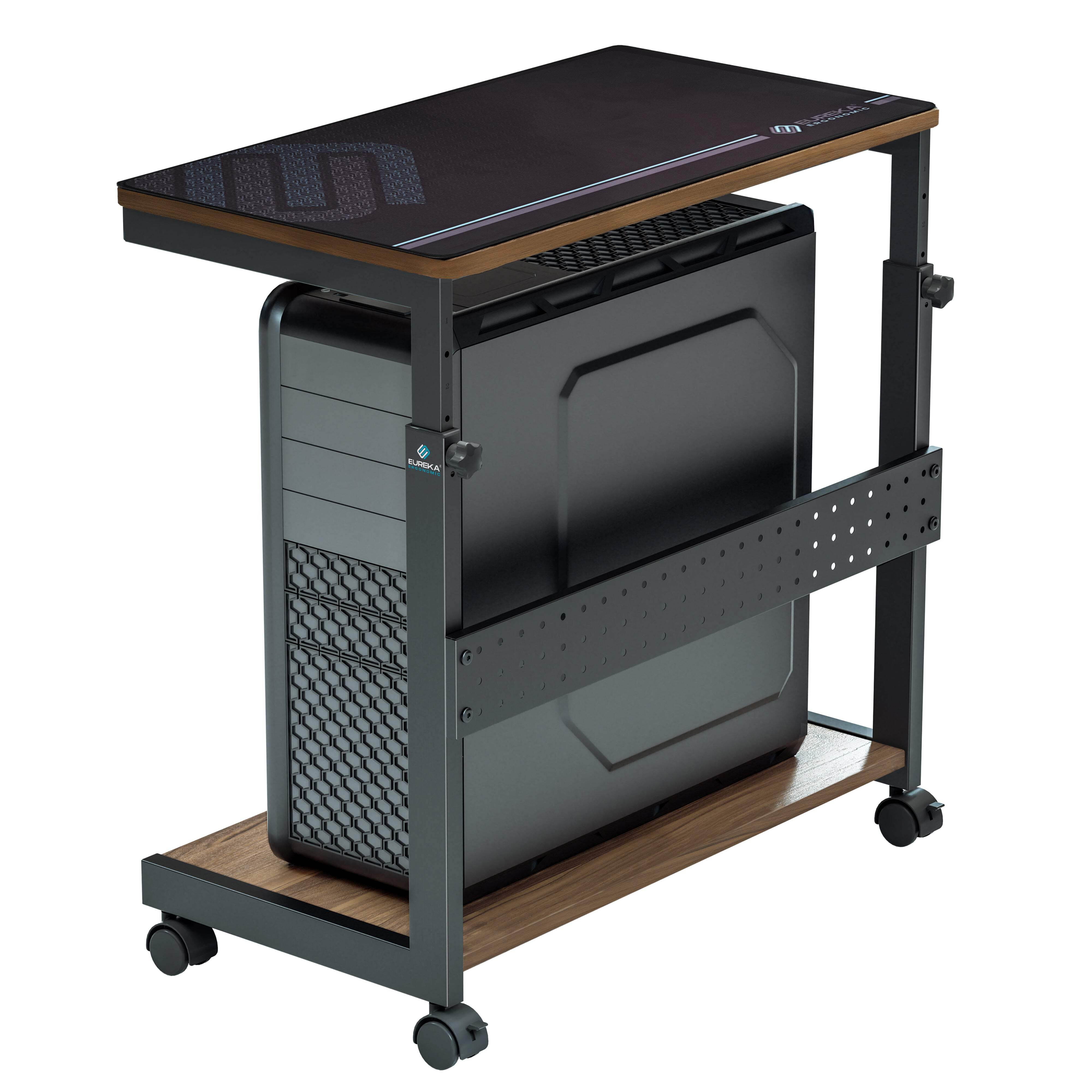 Walnut and Black Height Adjustable Mobile CPU Cart with Mouse Pad