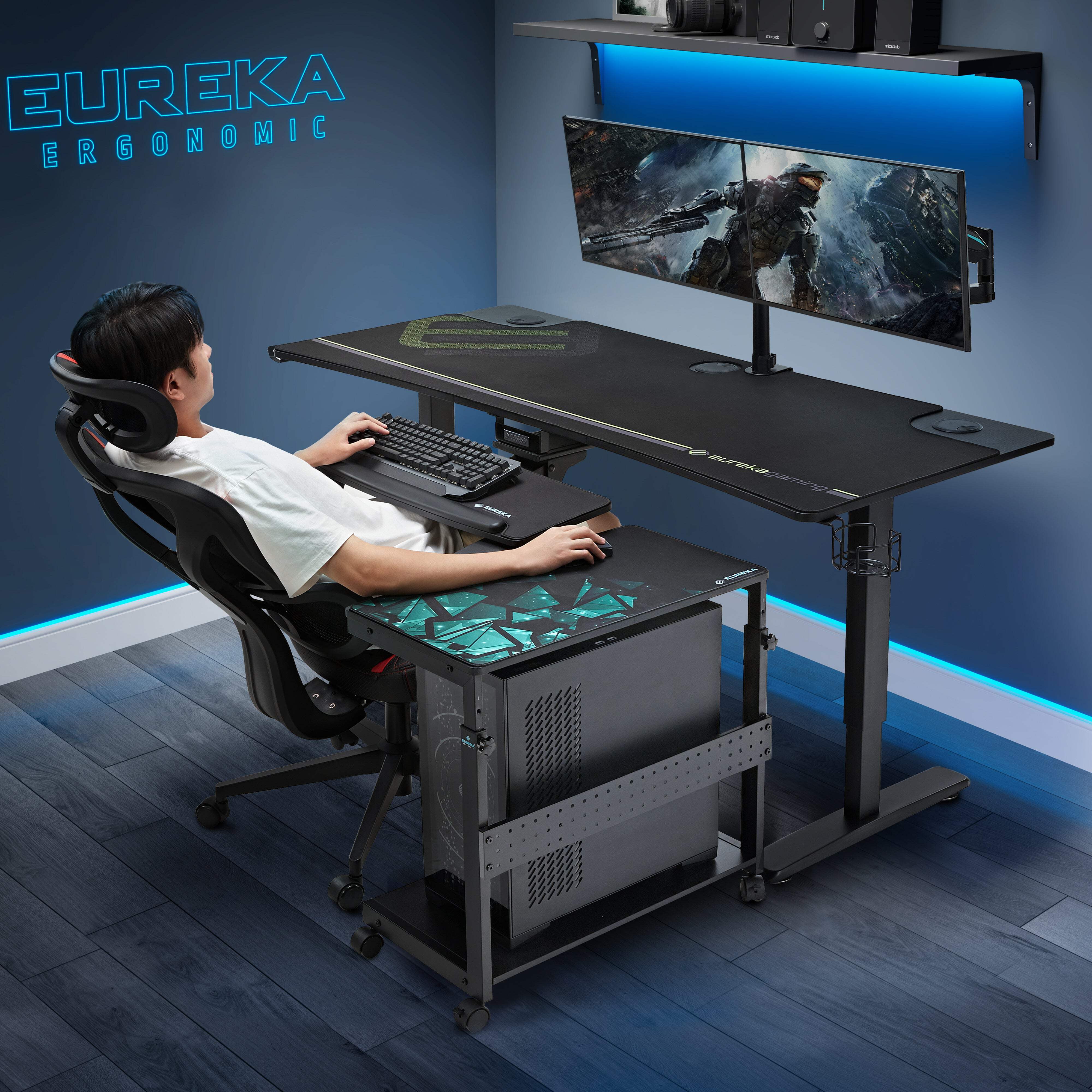 Black Adjustable Computer Tower Stand with Lockable Wheels