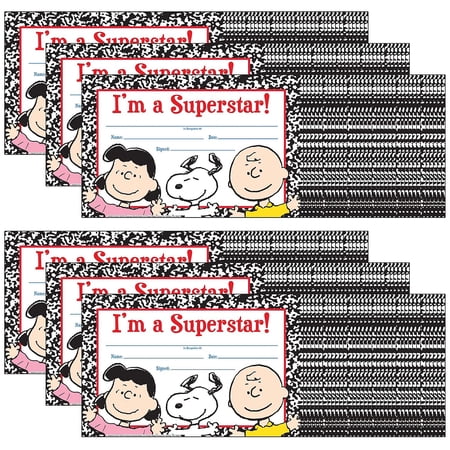 Eureka Peanuts Super Star Recognition Awards 8.5"" x 5.5"" Multicolored 36 Per Pack 6 Packs