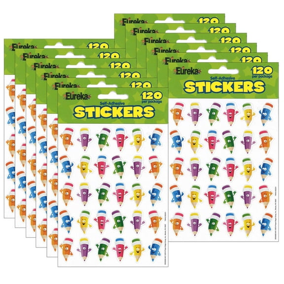 Eureka Pencil Smiley Faces Theme Stickers, 120 Per Pack, 12 Packs
