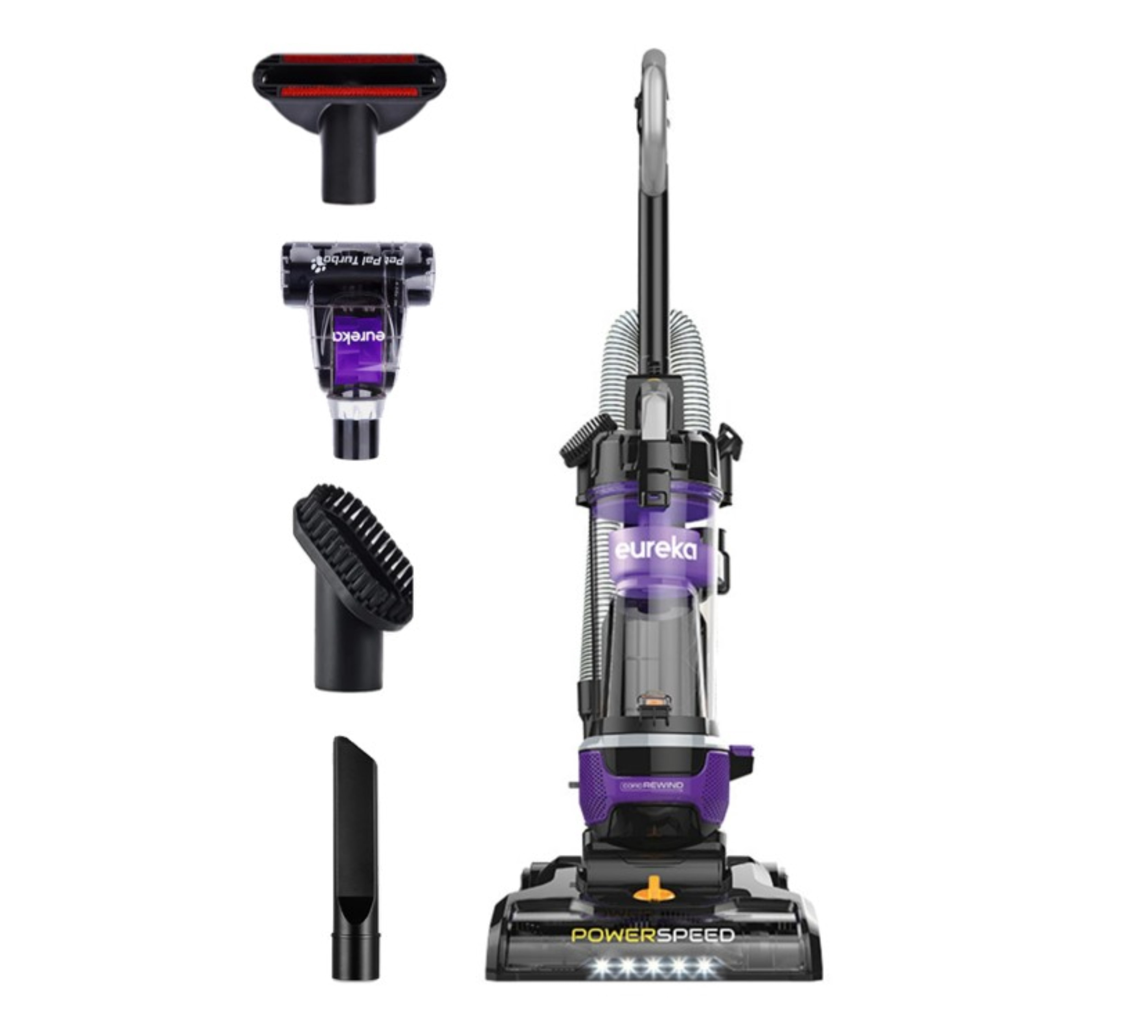 Eureka PowerSpeed Multi-Surface Upright Vacuum Cleaner with Cord Rewind, Turbo Pet Tool, Crevice Tool, Dusting Brush and Upholstery Brush, Purple, NEU203