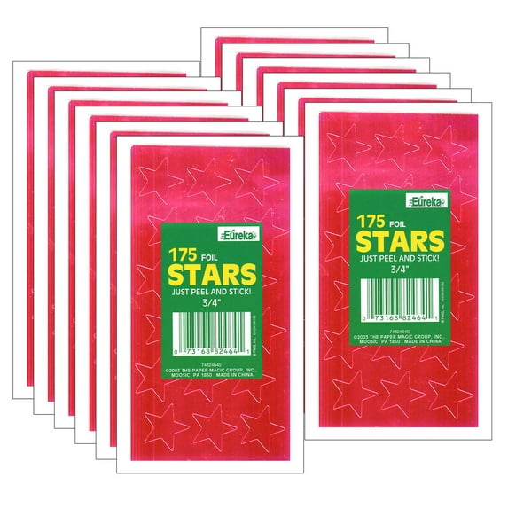 Eureka Presto-Stick Foil Star Stickers, 3/4", Red, 175 Per Pack, 12 Packs