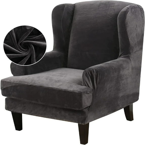Eurhowing 1-Pack Wingback Chair Slipcovers with Cushion Cover, Stretch Velvet Soft Armchair Covers, Wingback Chair Furniture Protector, Dark Grey