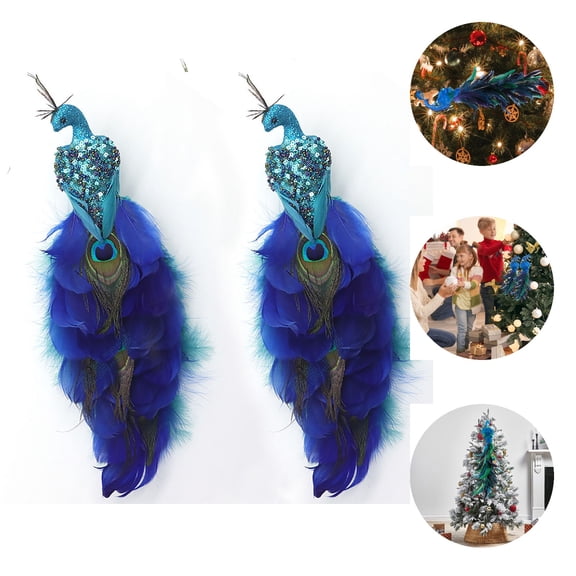 Eurhowing 11.8-inch Glitter Peacock Christmas Tree Ornament with Clip, 2Pcs Shatterproof Xmas Decoration, Artificial Peacock Bird Decor for Home Garden Festival