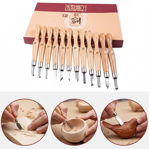 Eurhowing 12 Pcs Wood Carving Tool Set, Carbon Steel Wood Carving Knives Gouges Kit, Woodworking Chisels Set for Beginners & Experts