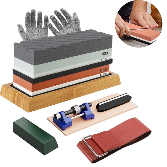 Eurhowing Knife Sharpening Stone Set 13-Piece, 400/1000&3000/8000 Grit Whetstone Kit, Professional Knife Sharpener Set with Non-Slip Base & Angle Guide