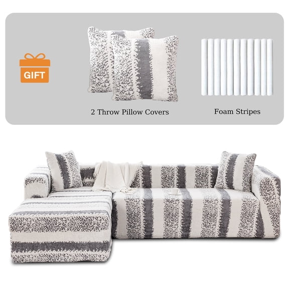 Eurhowing Stretch L Shaped Couch Cover 2Pcs, 3+3 Seat Non-Slip Sectional Sofa Slipcover, Pet Friendly Plush Furniture Protector with Pillow Covers, Gray