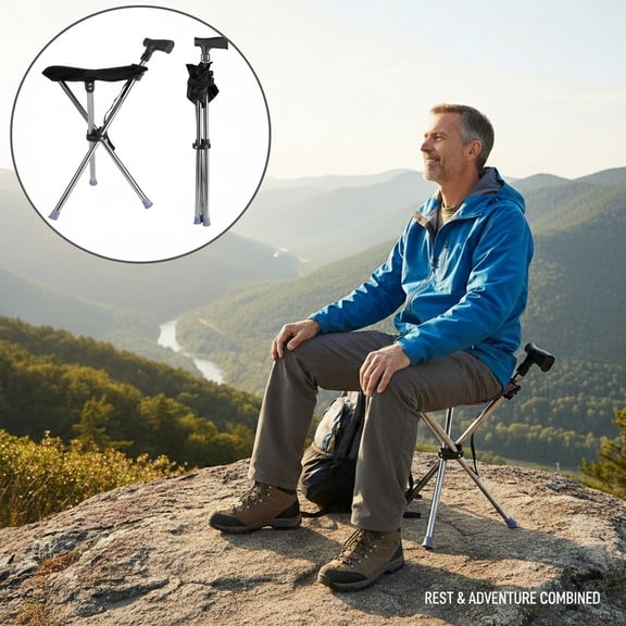 Eurhowing 2-in-1 Folding Walking Stick with Seat, Portable Trekking Pole & Hiking Chair, Adjustable Aluminum Cane for Seniors, Hiking, Camping, Up to 330lbs, Black