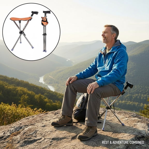 Eurhowing 2-in-1 Folding Walking Stick with Seat, Portable Trekking Pole & Hiking Chair, Adjustable Aluminum Cane for Seniors, Hiking, Camping, Up to 330lbs, Orange