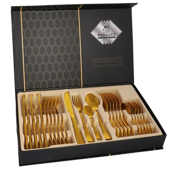 Eurhowing 24-Piece Gold Flatware Set, Stainless Steel Cutlery for 6 with Steak Knives, Mirror Polished Silverware Set