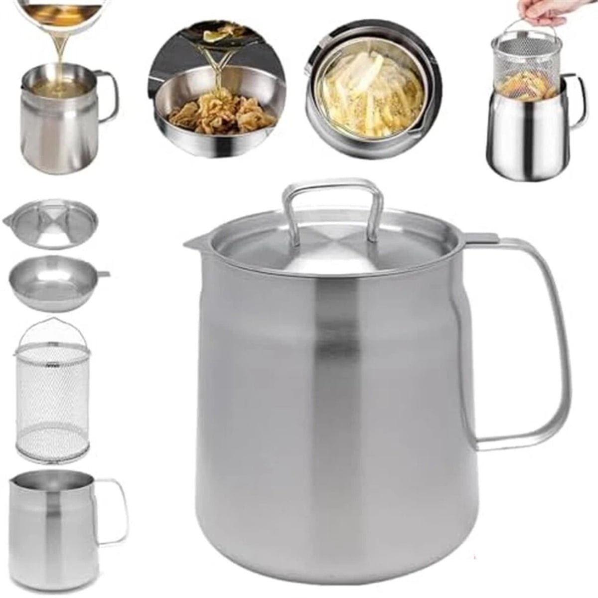 Eurhowing 2-in-1 Oil Strainer Pot with Frying Basket, 2L Large Capacity 304 Stainless Steel Oil Filter Pot, Deep Fryer Pot with Strainer