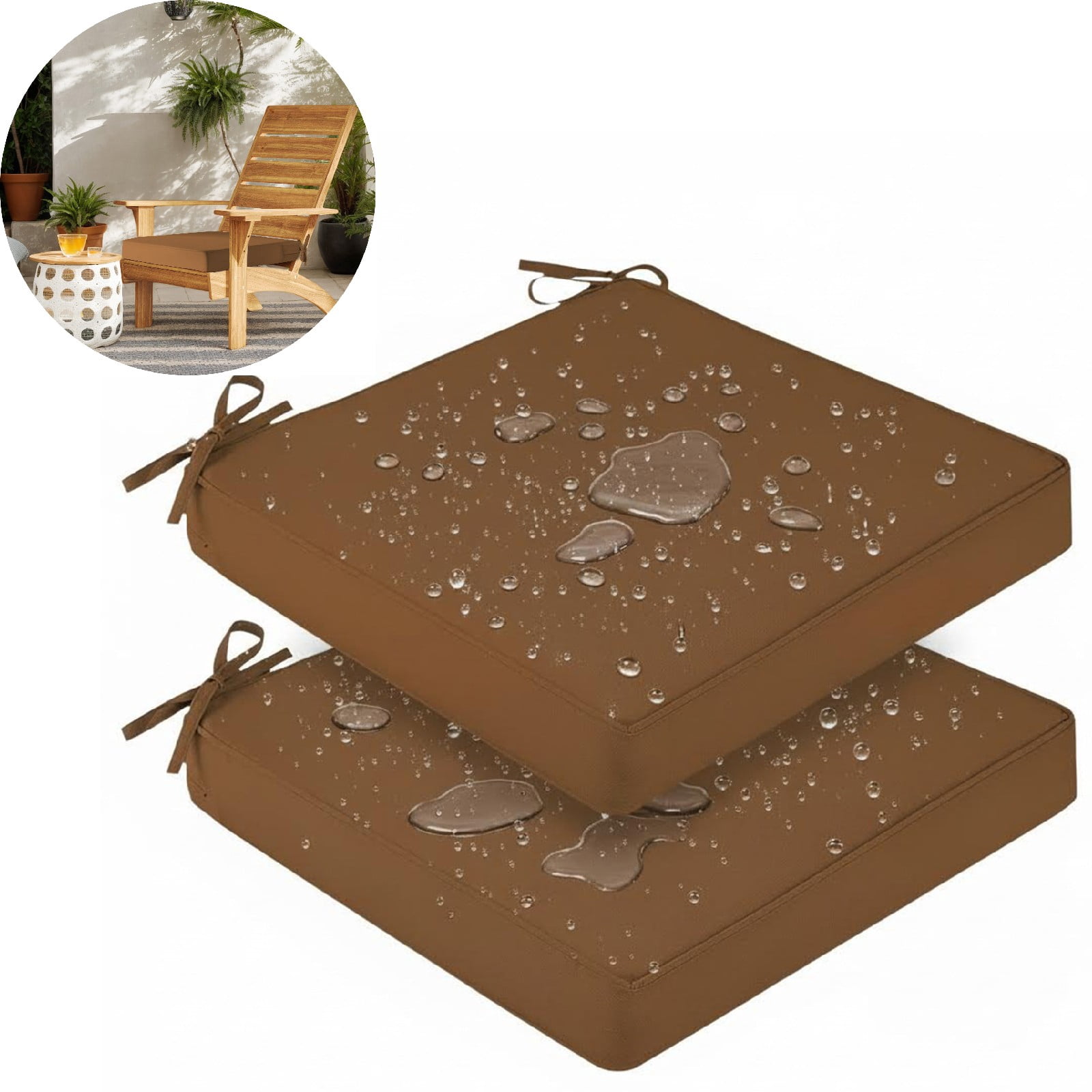 Eurhowing Waterproof Outdoor Seat Cushions Set of 2, 19"x19"x4"  Thick Patio Furniture Cushions with Ties, Non Slip Chair Pads for Garden, Porch (Coffee)