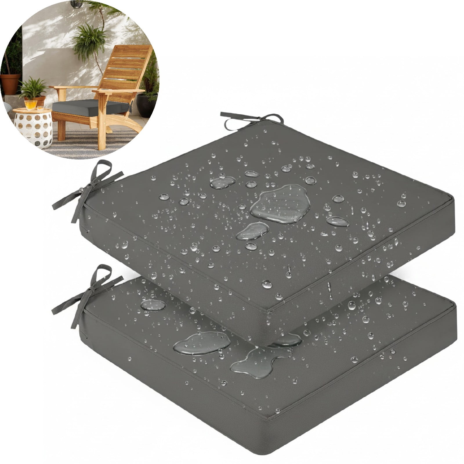 Eurhowing Waterproof Outdoor Seat Cushions Set of 2, 19"x19"x4"  Thick Patio Furniture Cushions with Ties, Non Slip Chair Pads for Garden, Porch (Gray)