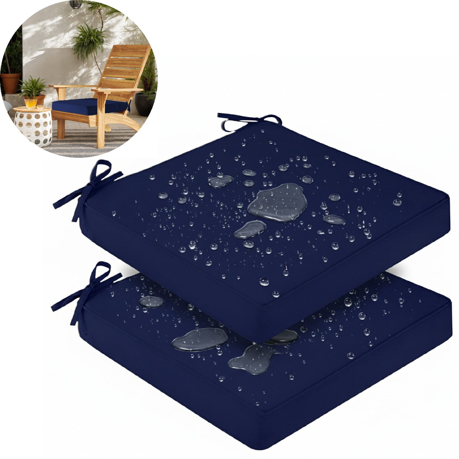 Eurhowing Waterproof Outdoor Seat Cushions Set of 2, 19"x19"x4"  Thick Patio Furniture Cushions with Ties, Non Slip Chair Pads for Garden, Porch (Navy)