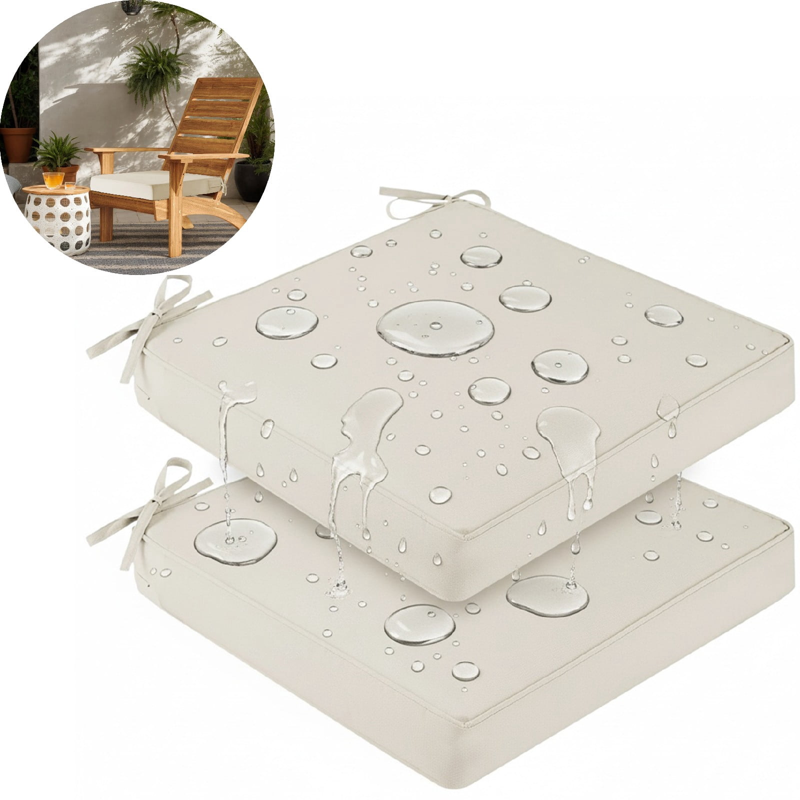 Eurhowing Waterproof Outdoor Seat Cushions Set of 2, 19"x19"x4"  Thick Patio Furniture Cushions with Ties, Non Slip Chair Pads for Garden, Porch (Cream)