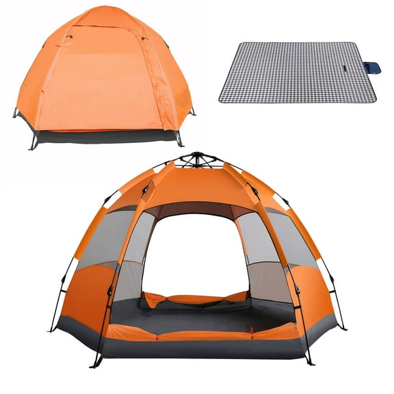 Eurhowing 4-Person Camping Tent for Family, Portable Instant Pop Up Tent with Picnic Mat, Rainproof & Wind-Resistant Outdoor Backpacking Tent for Hiking, Beach, Glamping