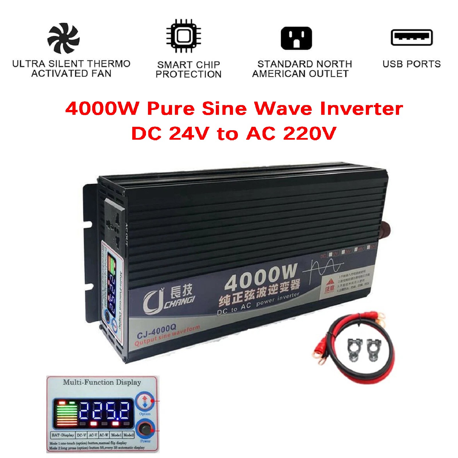 Eurhowing 4000 Watt Pure Sine Wave Inverter, Power Inverter DC 24V to AC 110V with USB Ports & LED Display, Quiet Power Inverter for Home, Truck, RV, Solar System