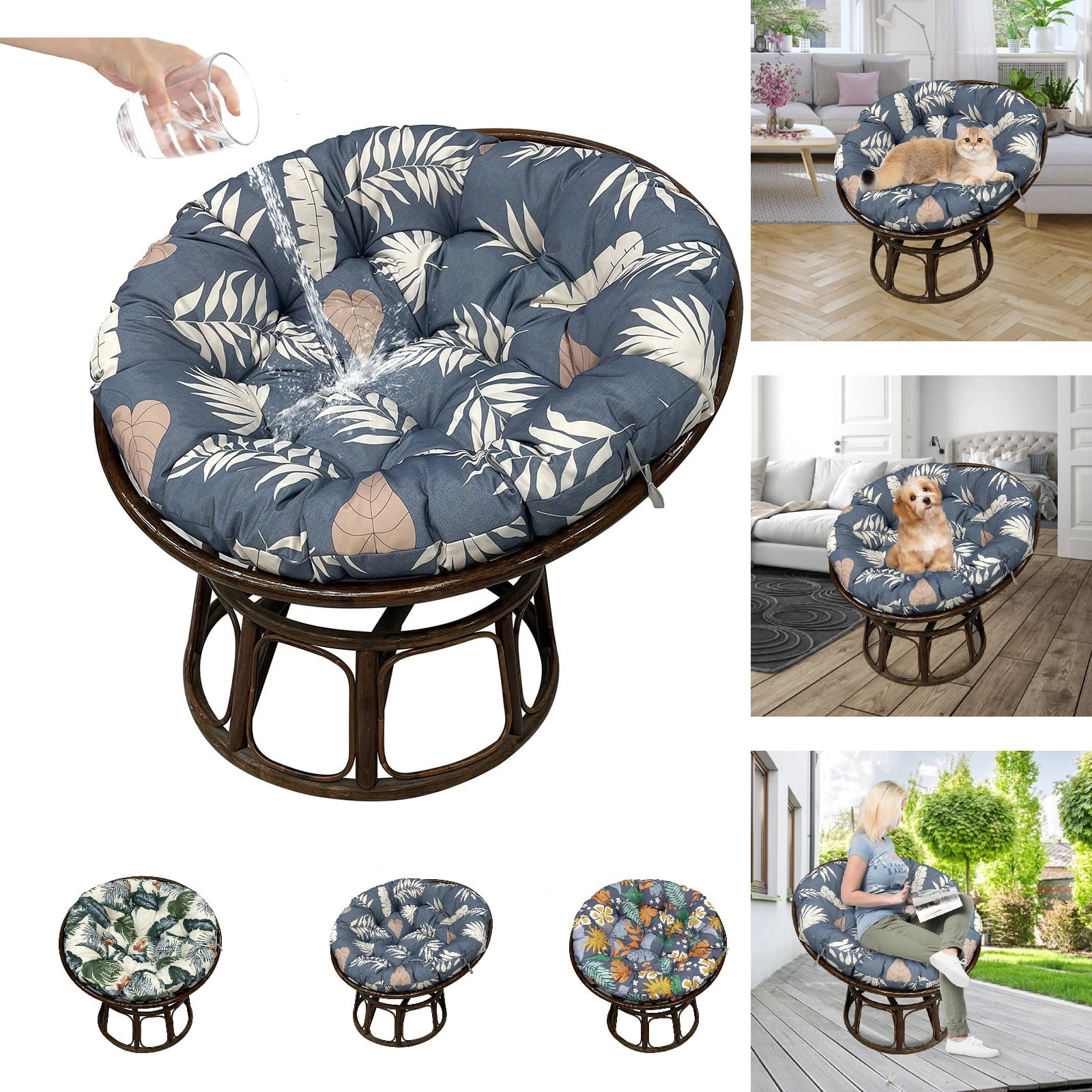 Eurhowing 48 Inch Papasan Cushion Replacement, 5" Thick Water-Resistant Round Cushion, Outdoor Patio Swing Papasan Chair Pad, Gray Leaves