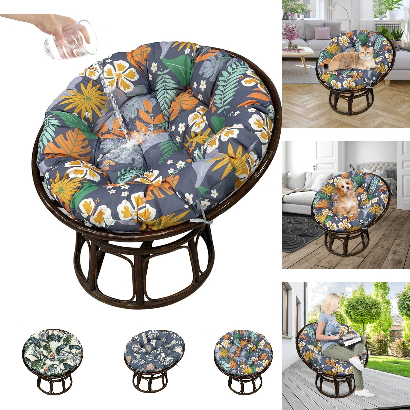 Eurhowing 48 Inch Papasan Cushion Replacement, 5" Thick Water-Resistant Round Cushion, Outdoor Patio Swing Papasan Chair Pad, Floral