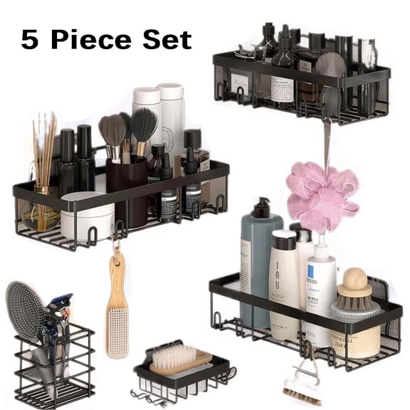Eurhowing 5-Pack Adhesive Shower Caddy Organizer, Heavy-Duty Rustproof Stainless Steel Shower Shelves with Hooks, No Drill Bathroom Storage for Bathroom/Kitchen, Black