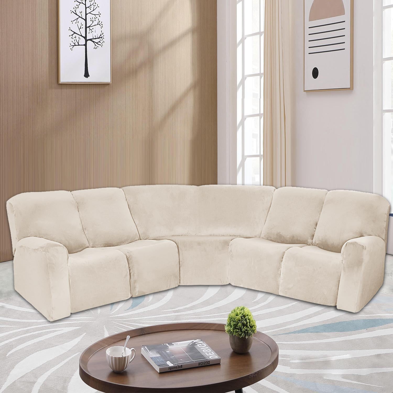 Eurhowing 5 Seat Recliner Sofa Cover, Soft Velvet Stretchable L-Shaped Sectional Couch Slipcovers, Corner Reclining Sofa Covers Furniture Protector, Beige