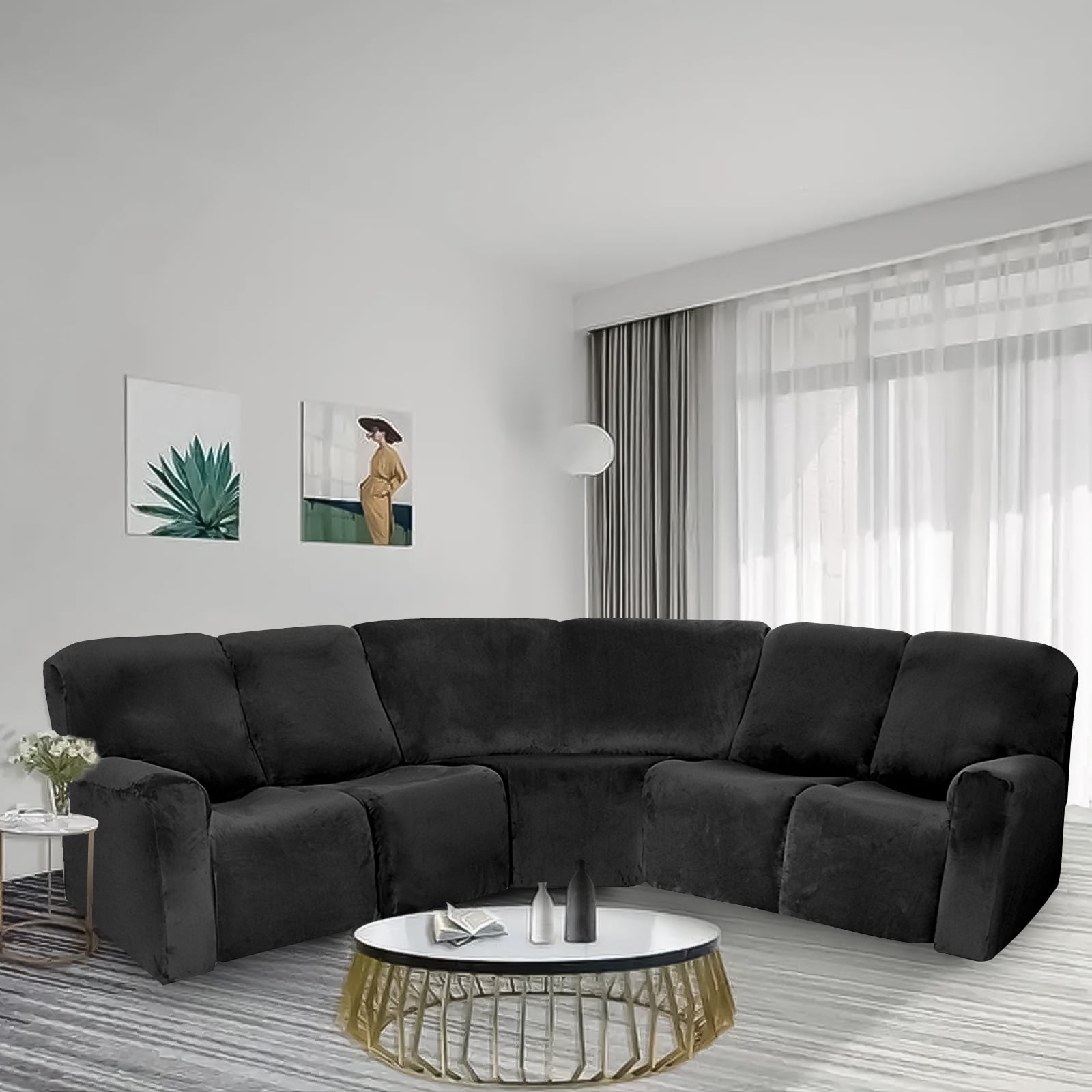 Eurhowing 5 Seat Recliner Sofa Cover, Soft Velvet Stretchable L-Shaped Sectional Couch Slipcovers, Corner Reclining Sofa Covers Furniture Protector, Black