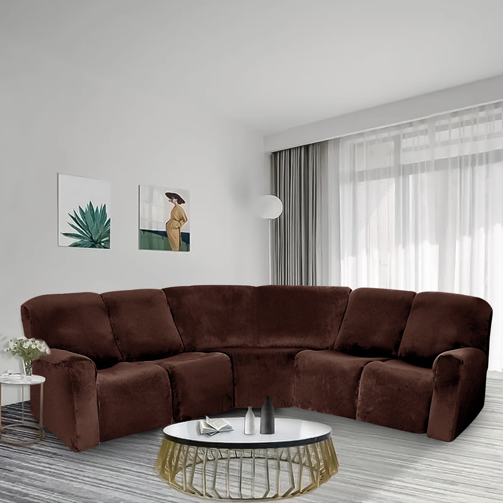Eurhowing 5 Seat Recliner Sofa Cover, Soft Velvet Stretchable L-Shaped Sectional Couch Slipcovers, Corner Reclining Sofa Covers Furniture Protector, Brown